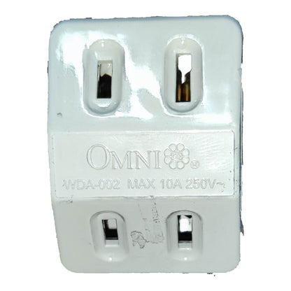 A white plastic Omni WDA-002 10A 250V travel adapter plug with four prongs, shown against a plain white background.