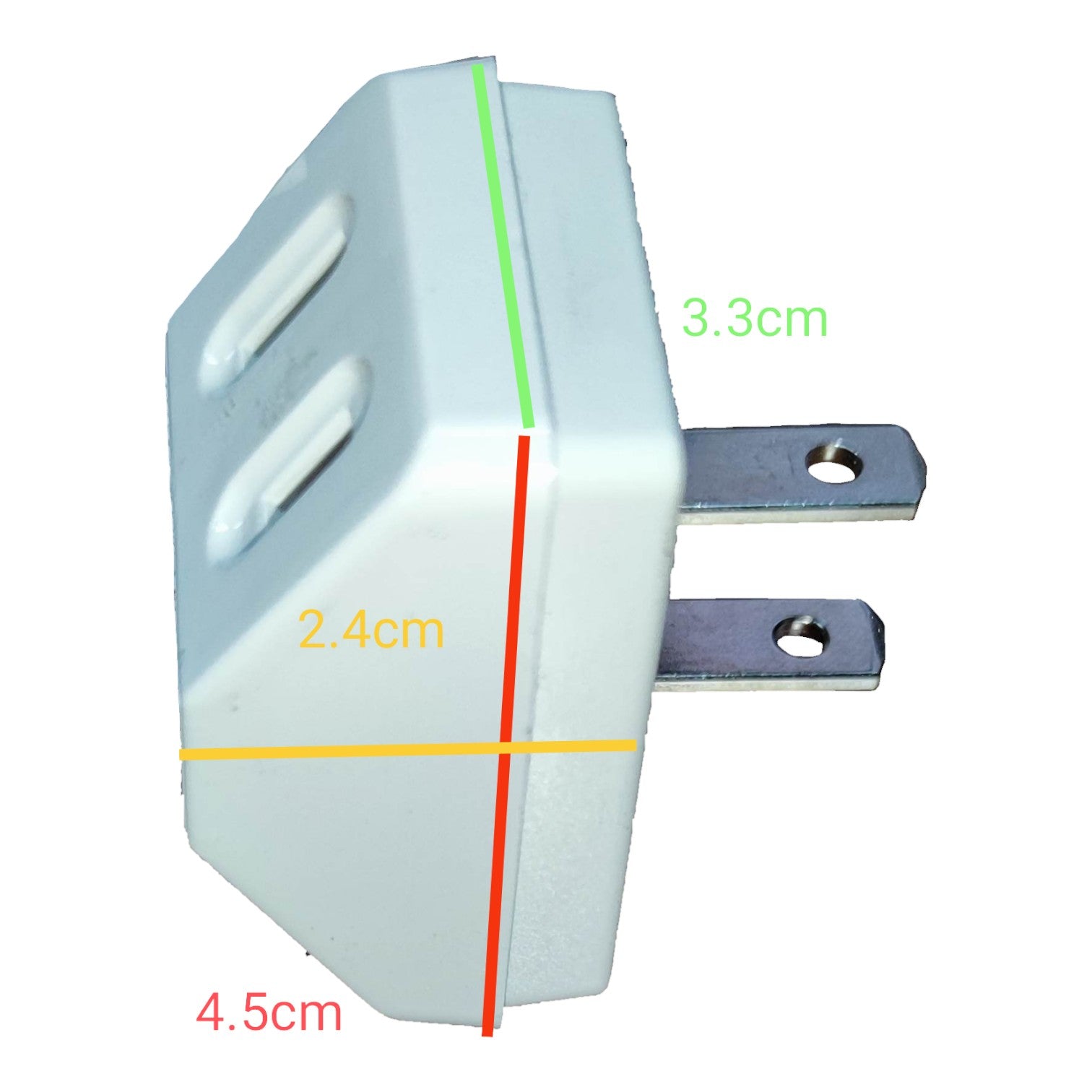 A white wall plug adapter with dimension markings showing measurements of 4.5cm, 3.