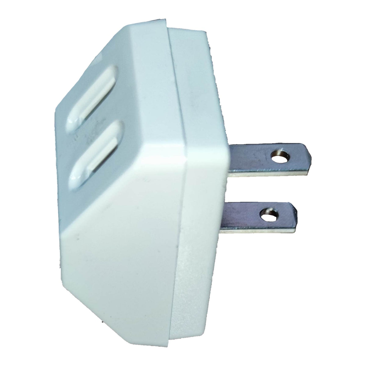 A white plastic multi-socket wall plug adapter with two silver metal prongs, shown on a plain white background.