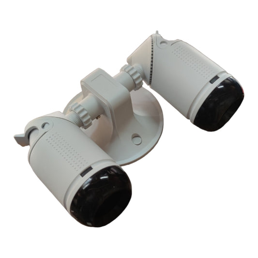 A pair of white dual-lens security cameras with black protective lenses, mounted on a white bracket against a white background.