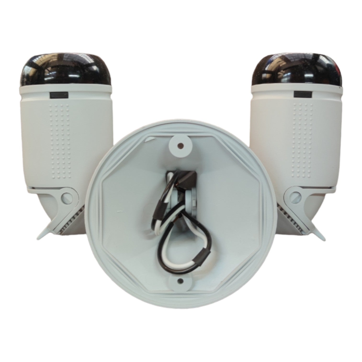 A dual-camera security surveillance kit showing front and back views of the white plastic dome cameras with black lenses and mounting hardware on a white background.
