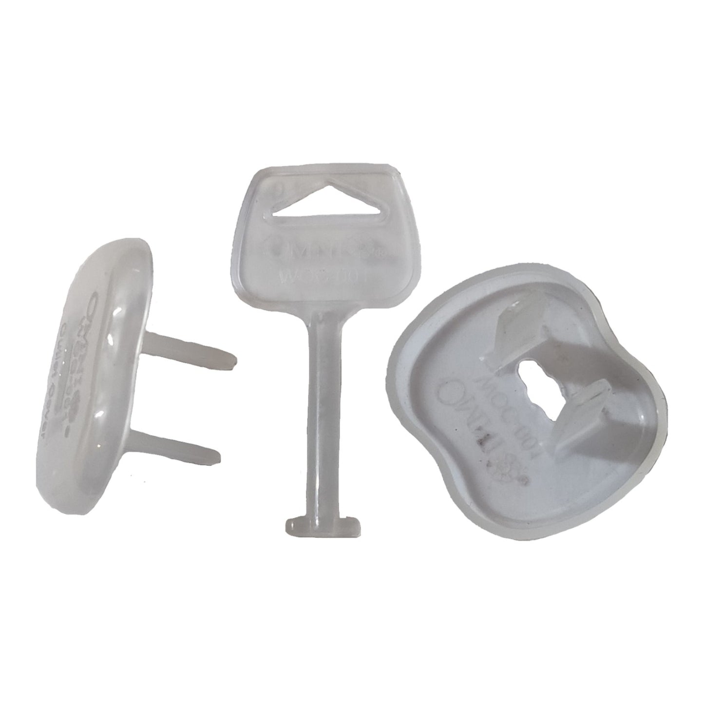 Three white plastic safety door stopper components shown from different angles on a plain white background.