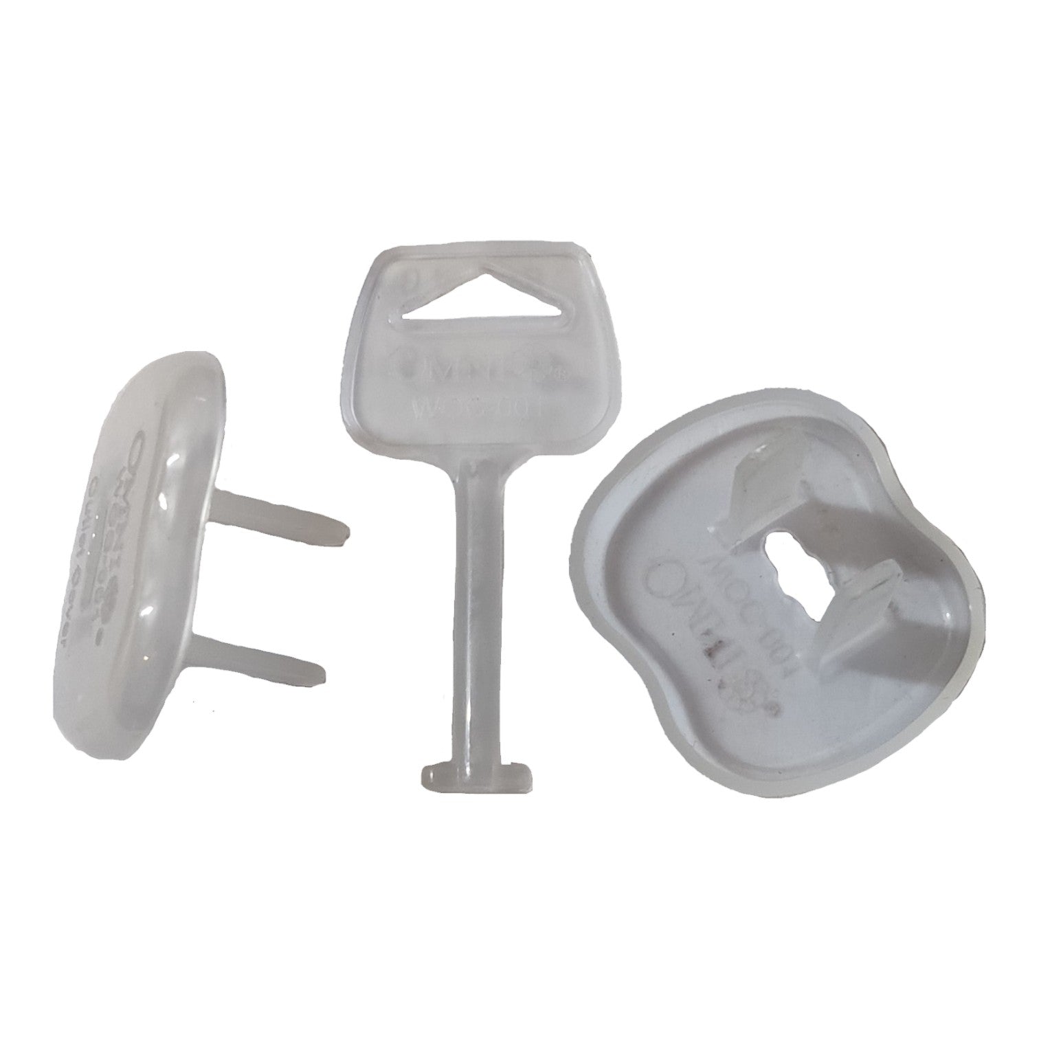 Three white plastic safety door stopper components shown from different angles on a plain white background.