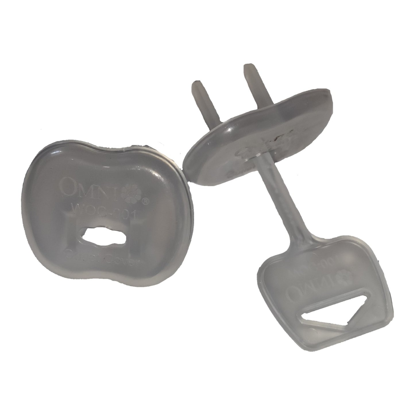 Two gray plastic baby teething rings shown on a plain white background, one displaying the front with the Omnilife logo and the other showing the side profile with the stem.