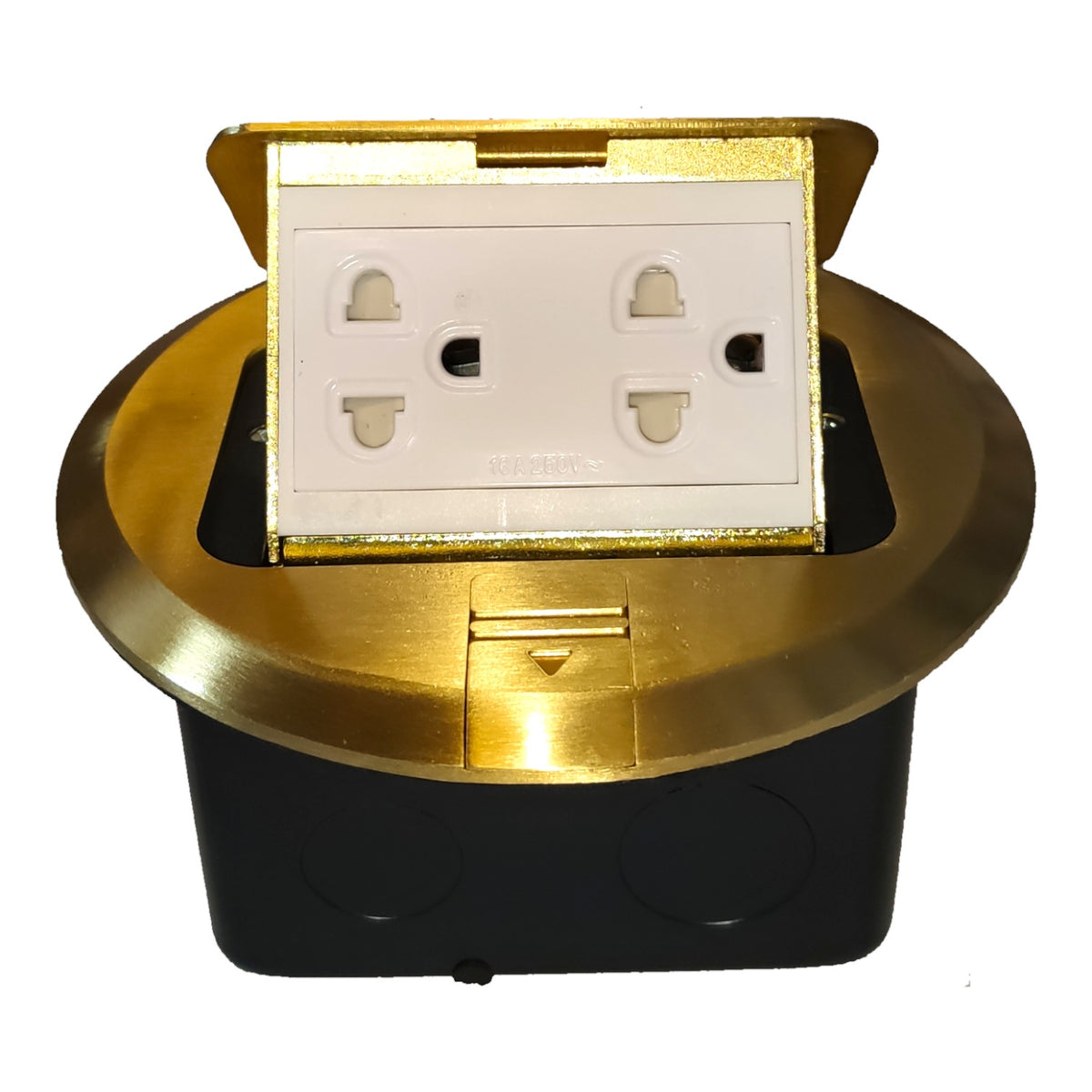 A pop-up electrical outlet cover with a gold-finished circular metal rim and base, a black plastic lower compartment, and a white double socket faceplate with a hinged gold lid.