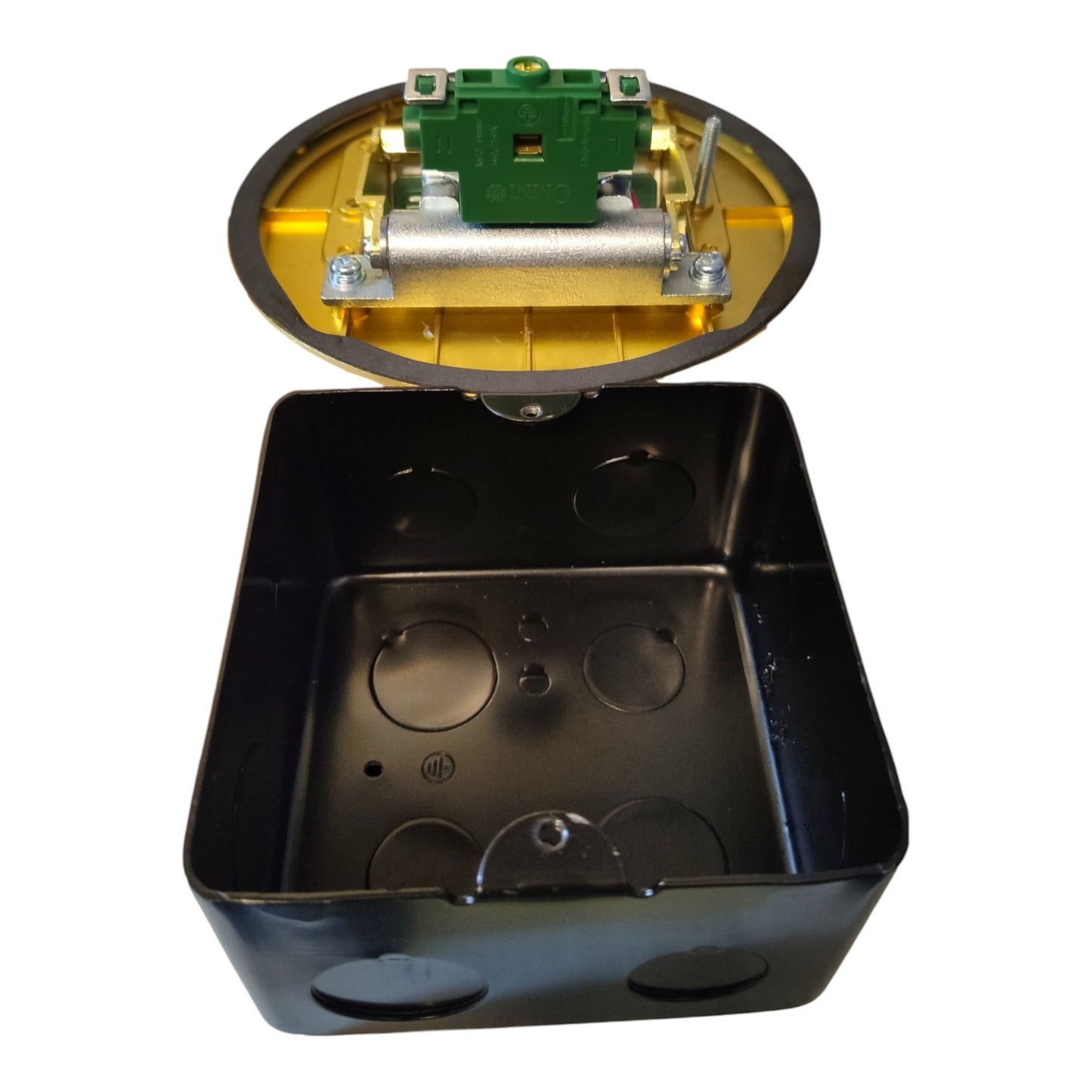 A black metal electrical junction box shown open, with a yellow interior lining and a green terminal block connector attached to the top.