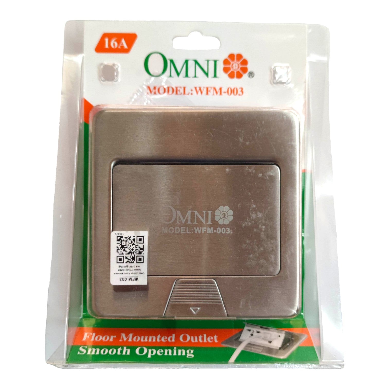 An Omni brand floor-mounted outlet in a brushed metal finish, sealed in its original retail blister packaging with a white, green, and orange header card.