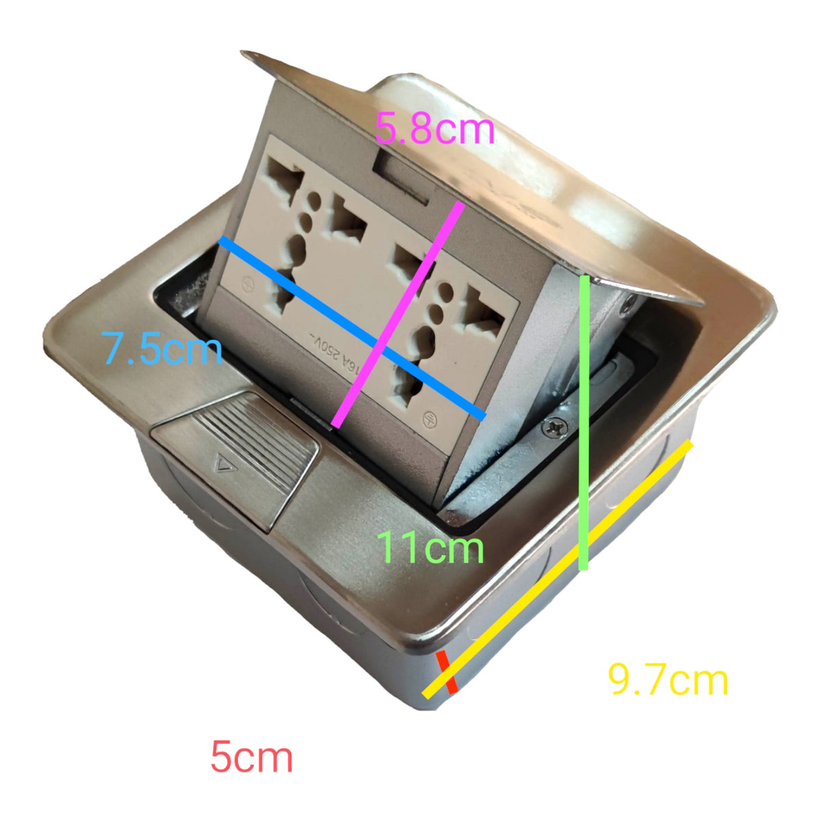 A stainless steel wall outlet socket with a flip-up cover, shown on a white background with colored dimension lines and labels indicating measurements such as 7.5cm, 11cm, 9.