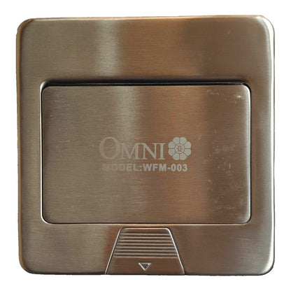 A brushed metal wall switch plate in a warm bronze finish, featuring the brand name 'OMNI' and model 'WFM-003' printed in the center, with a recessed panel and a small triangular control tab at the bottom.