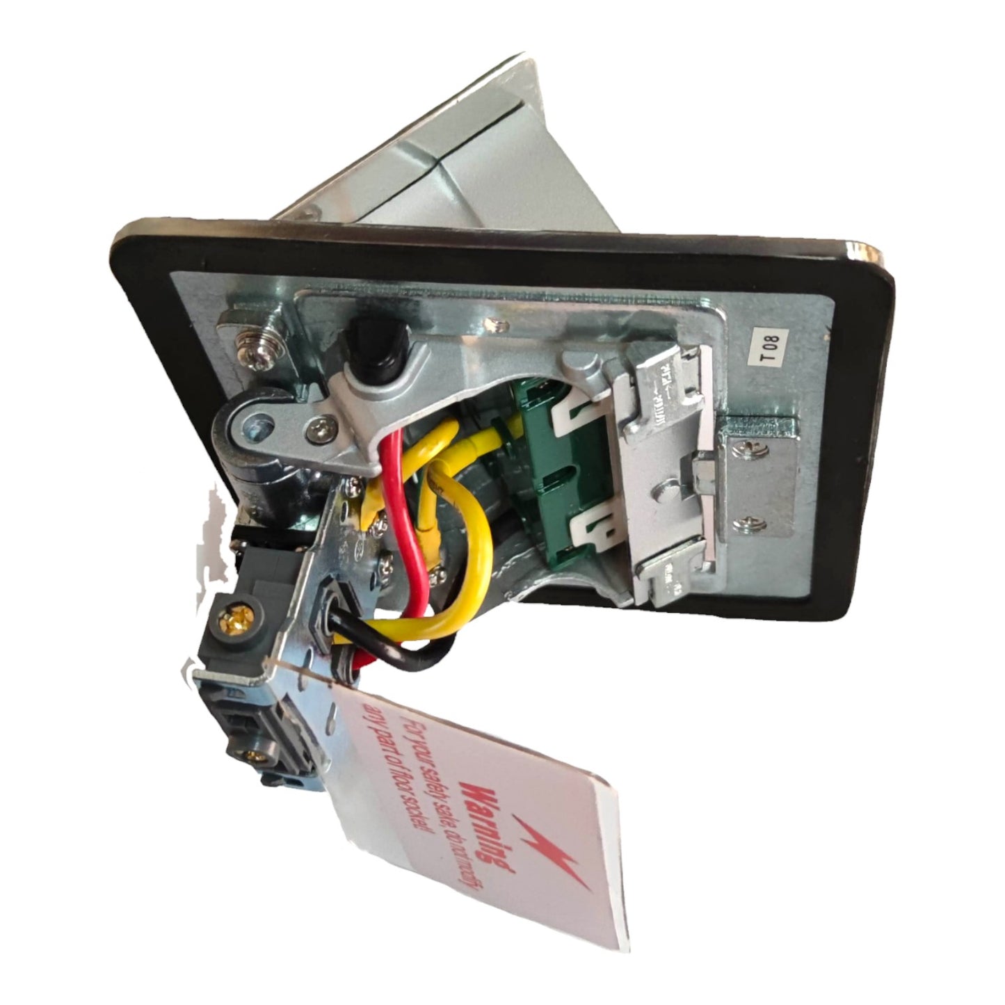 A square industrial electrical switch module with exposed internal components, including metal contacts, wiring in yellow, red, and black, and a hanging warning tag. The product is photographed on a plain white background.