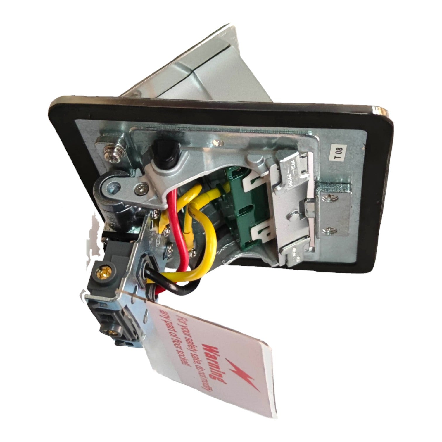 A square industrial electrical switch module with exposed internal components, including metal contacts, wiring in yellow, red, and black, and a hanging warning tag. The product is photographed on a plain white background.