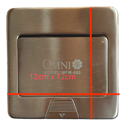 A square brushed-metal wall switch plate shown from the front on a white background, with red measurement lines and text reading 12cm x 12cm and model OMNI-WFM-003.