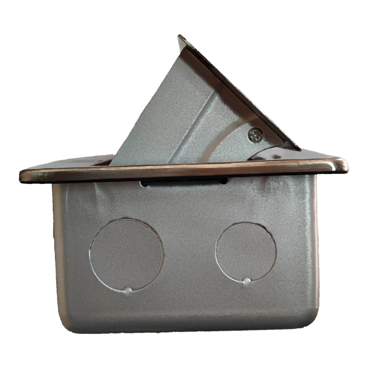 A silver metal electrical junction box with a triangular metal cover partially open, featuring two circular entry terminals on the front, isolated on a white background.