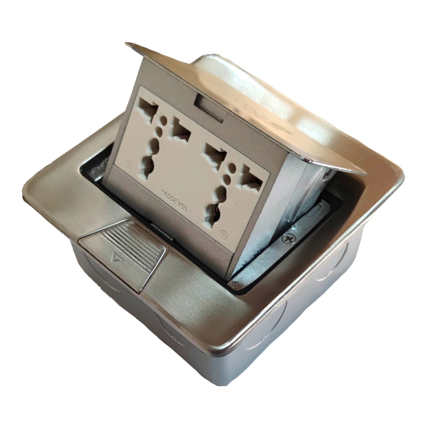 A stainless steel floor-mounted electrical outlet socket with a pop-up cover showing multiple European-style wall plugs, isolated on a white background.
