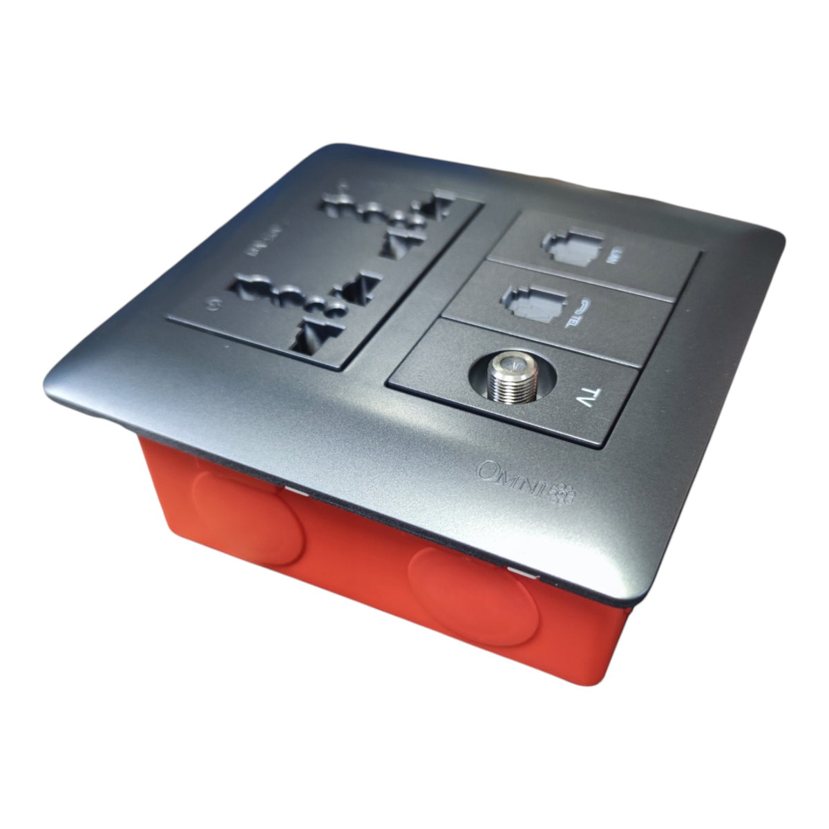 A modern wall outlet panel with a dark gray metallic top faceplate and a red base box, featuring multiple electrical outlets and a coaxial cable connector.