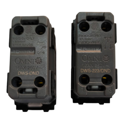 Two black Omni 16AX 250V DWS-DND and DWS-223/DND strip gauges shown side by side on a white background.