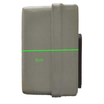 Gray rectangular object with a black component on a white background