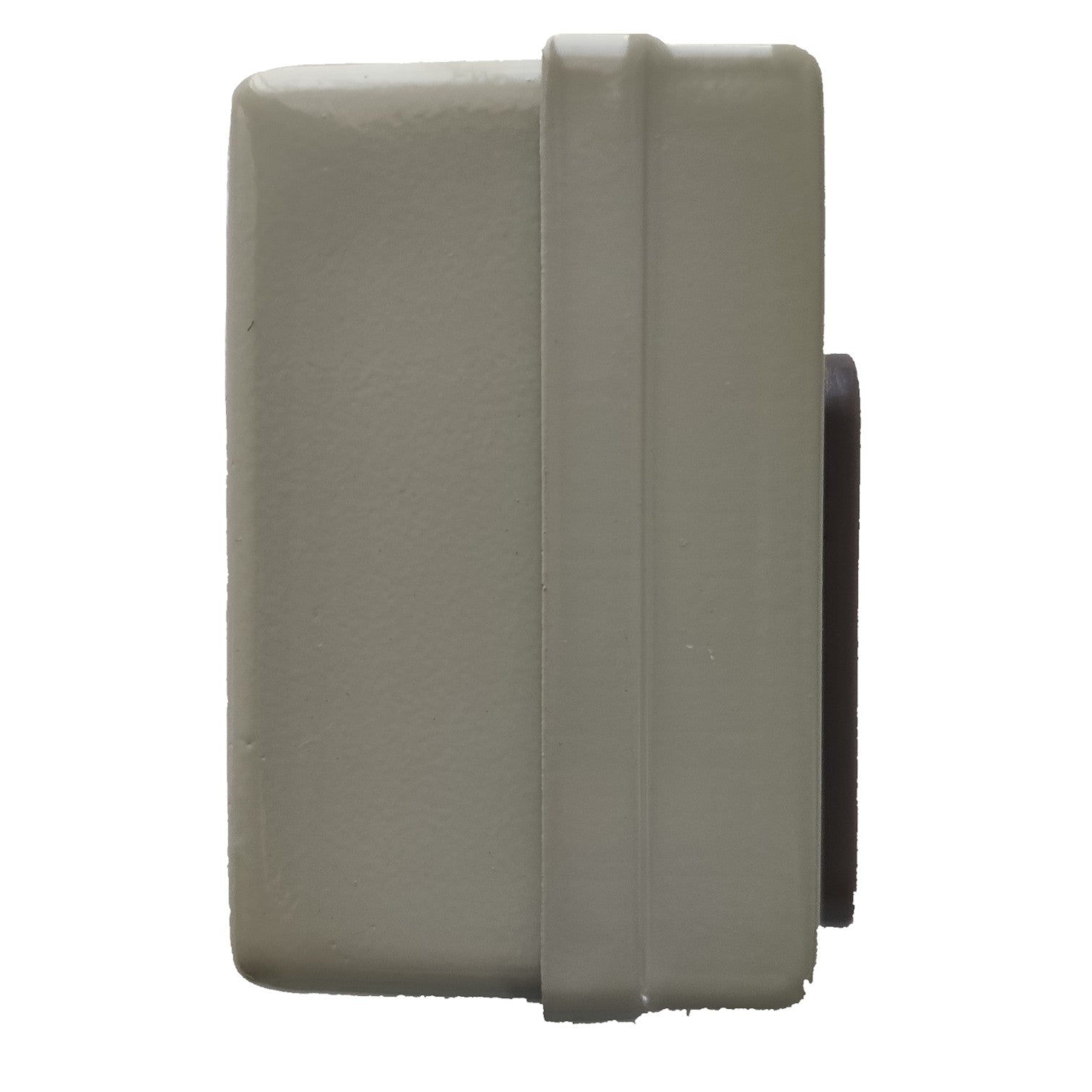 Gray rectangular object with a black component on a white background
