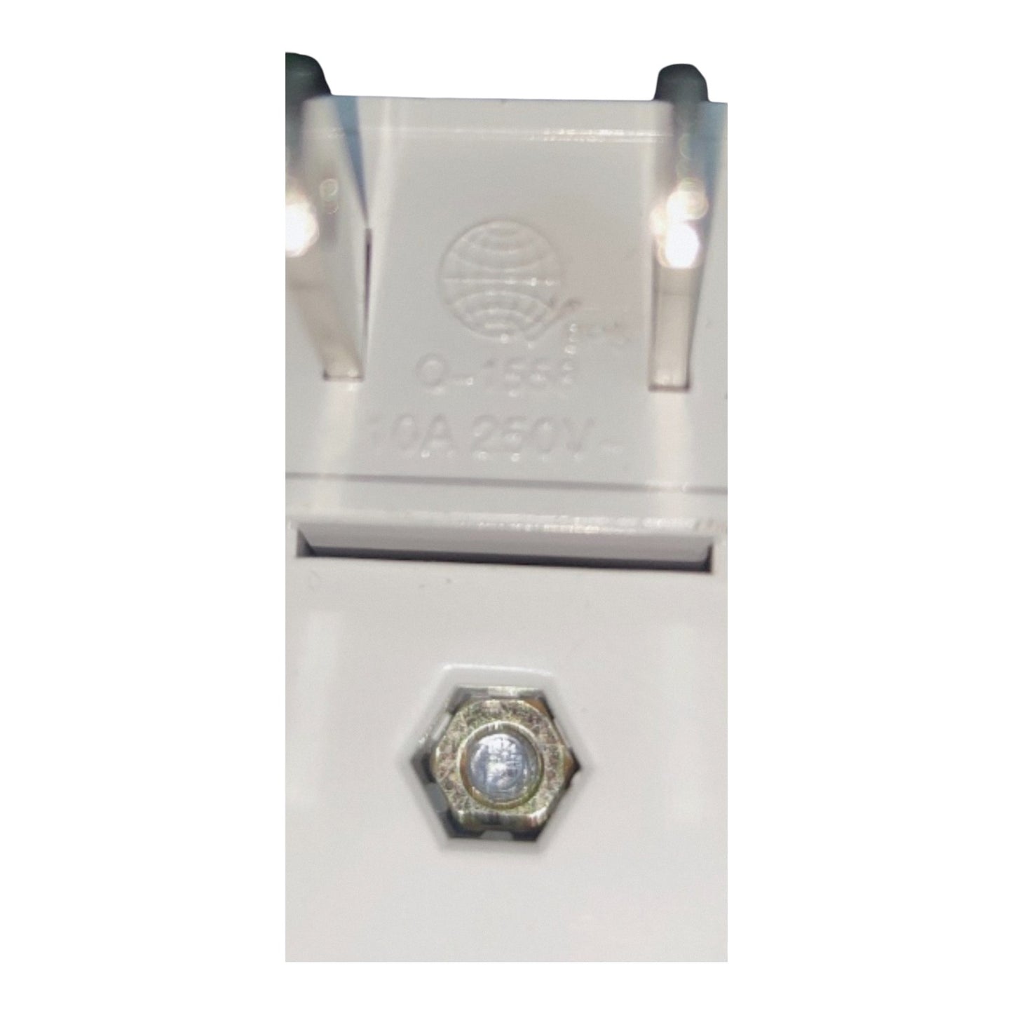 A close-up of a white electrical wall plug with a hexagonal grounding screw on the front, showing embossed specifications and a small circular metal detail.