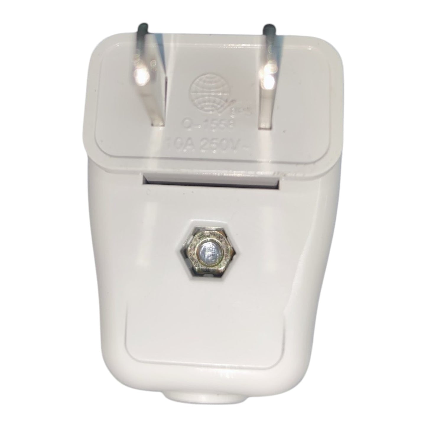 A white plastic wall plug adapter with two metal pins and a hexagonal silver screw terminal on the front, shown against a plain white background.