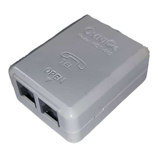 A white plastic RJ45 to RJ45 Ethernet switch module with two ports visible on one end, featuring embossed branding and port labels on a white background.