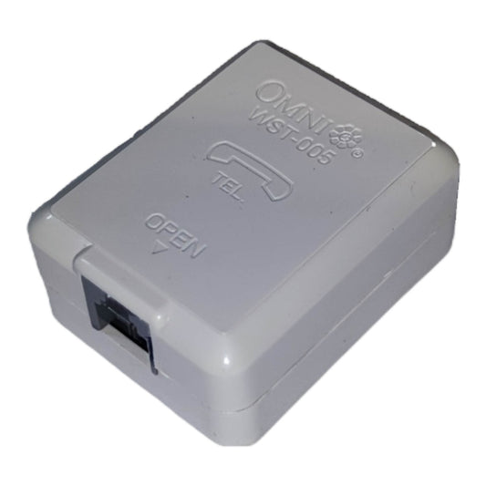 A gray plastic Omni WST-005 telephone adapter box with a RJ45 port, shown on a white background.