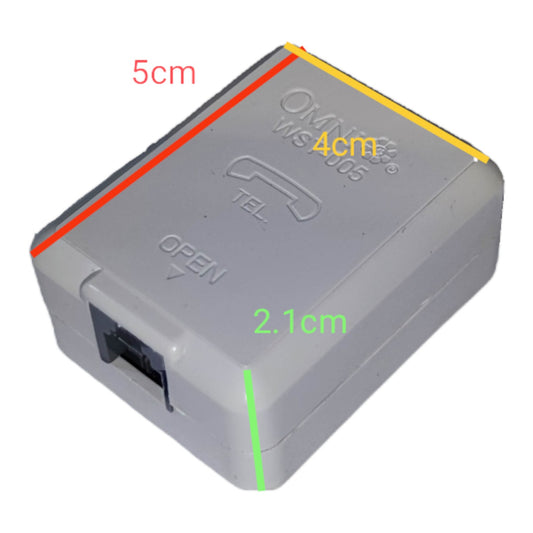 Gray plastic omnidirectional walkie-talkie transmitter with overlaid dimension markings showing 5cm, 4cm, and 2.1cm measurements on a white background.
