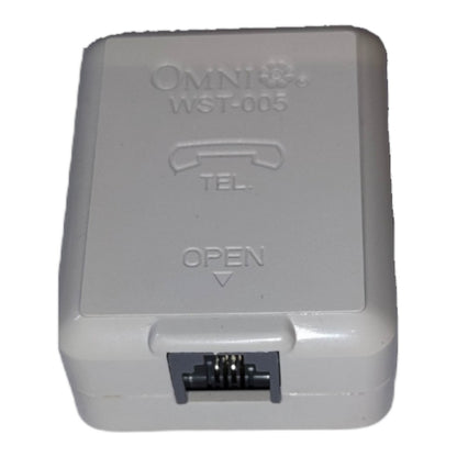 A white plastic Omni WST-005 telephone adapter block with a RJ45 connector port on the front, shown against a plain white background.