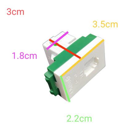 A small white electronic component with green and yellow side accents, shown on a white background with colored dimension labels reading 3cm, 1.8cm, 3.