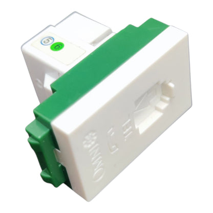 A white plastic electrical connector with green accents and a small green button on top, shown on a plain white background.