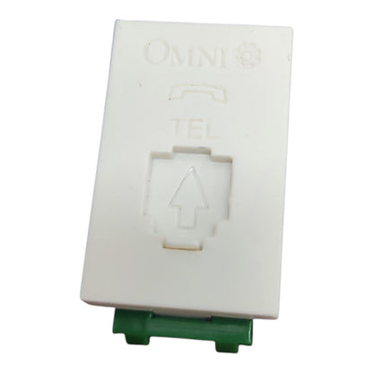 An Omni brand white RJ45 telephone jack faceplate with a green connector tab visible at the bottom, shown on a white background.