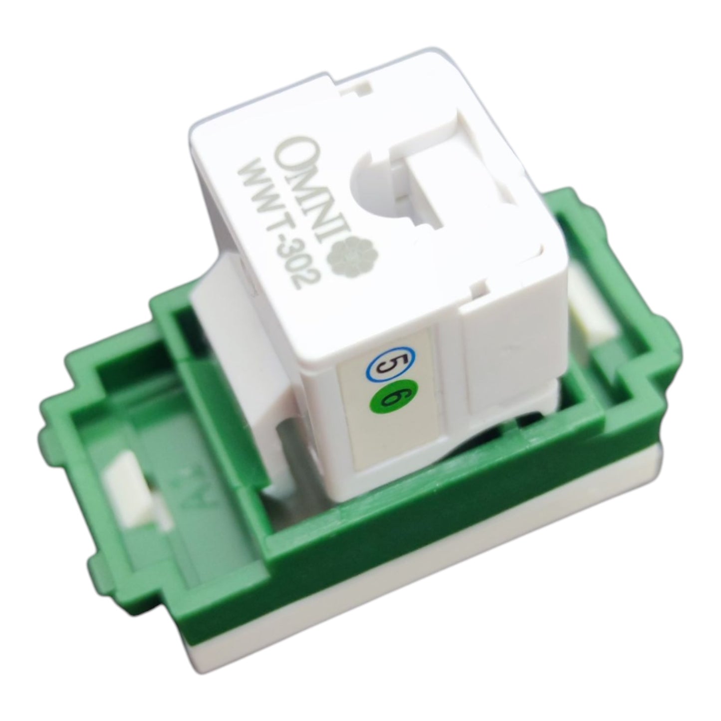 An Omni WWT-302 electrical relay component with a white top housing and a green plastic base, shown on a plain white background.