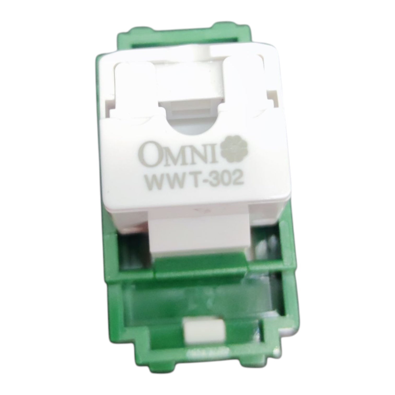 An Omni WWT-302 plastic electrical connector or relay component, featuring a white top section with gray printed text and a green plastic base, isolated on a white background.