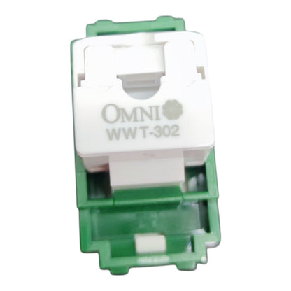 An Omni WWT-302 plastic electrical connector or relay component, featuring a white top section with gray printed text and a green plastic base, isolated on a white background.