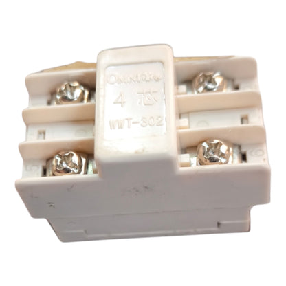 An Omron WWT-802 4-pin plastic electrical relay component with silver screw terminals, shown on a plain white background.