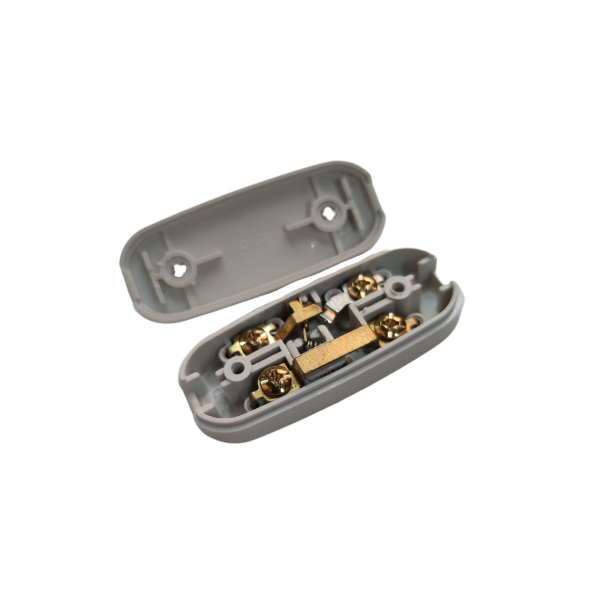 Omni Through Cord Switch 3A 250V with open gray plastic casing and internal brass connectors