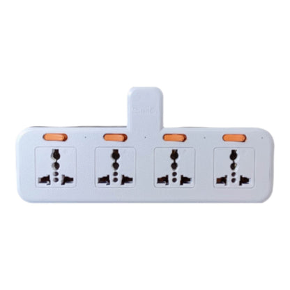 A white 4-outlet power strip with orange switch buttons, photographed against a solid white background.