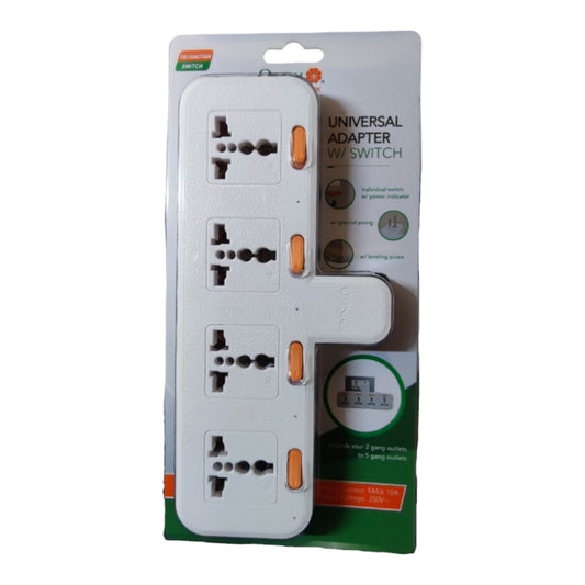 A 4-outlet universal adapter Wi-Switch in white plastic with orange toggle switches, shown in its original retail blister packaging against a white background.