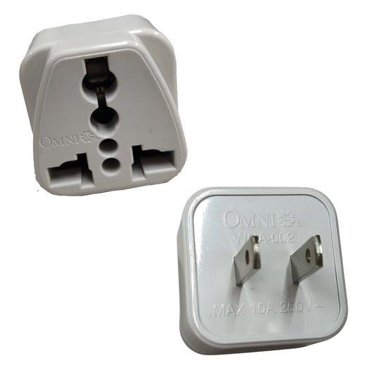 Two views of a white Omni travel plug adapter with metal prongs, shown on a plain white background.