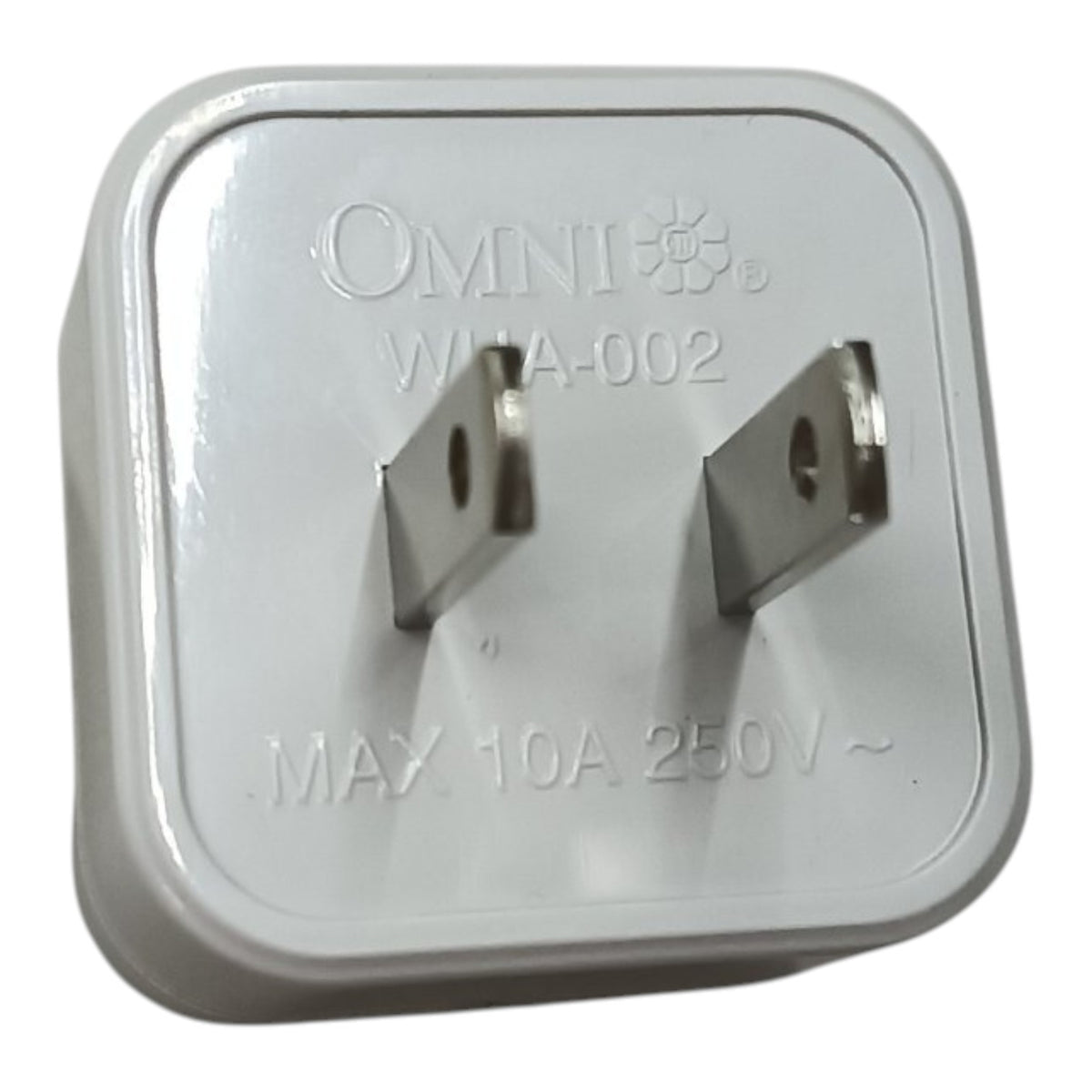 An Omni WHA-002 US plug power adapter with a white plastic housing and two silver metal prongs, shown on a plain white background.