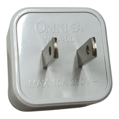 An Omni WHA-002 US plug power adapter with a white plastic housing and two silver metal prongs, shown on a plain white background.