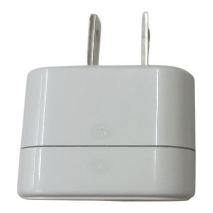 A white plastic wall charger adapter with two flat metal prongs, shown against a plain white background.