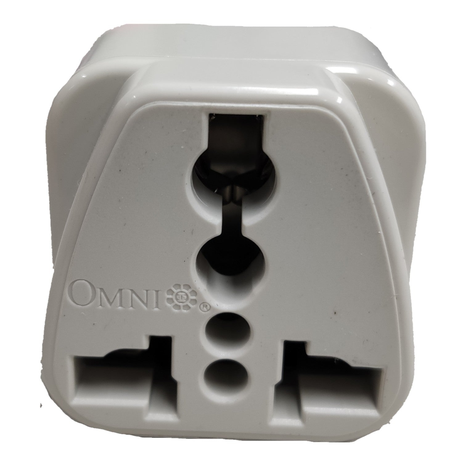 White plastic UK three-pin plug adapter with the brand name 'OMNI' embossed on the front, shown against a plain white background.