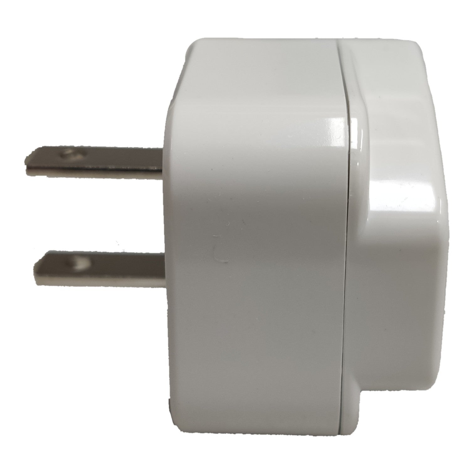 A white plastic wall charger plug adapter with two flat metal prongs, shown from a side profile view against a plain white background.