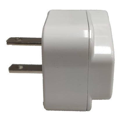 A white plastic wall charger plug adapter with two flat metal prongs, shown from a side profile view against a plain white background.