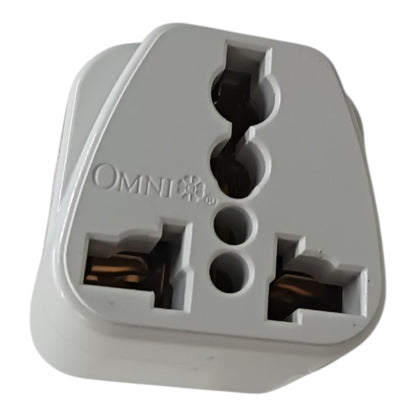 An Omni brand UK three-pin plug adapter, shown from the front with its white plastic casing and internal copper contacts visible, set against a plain white background.
