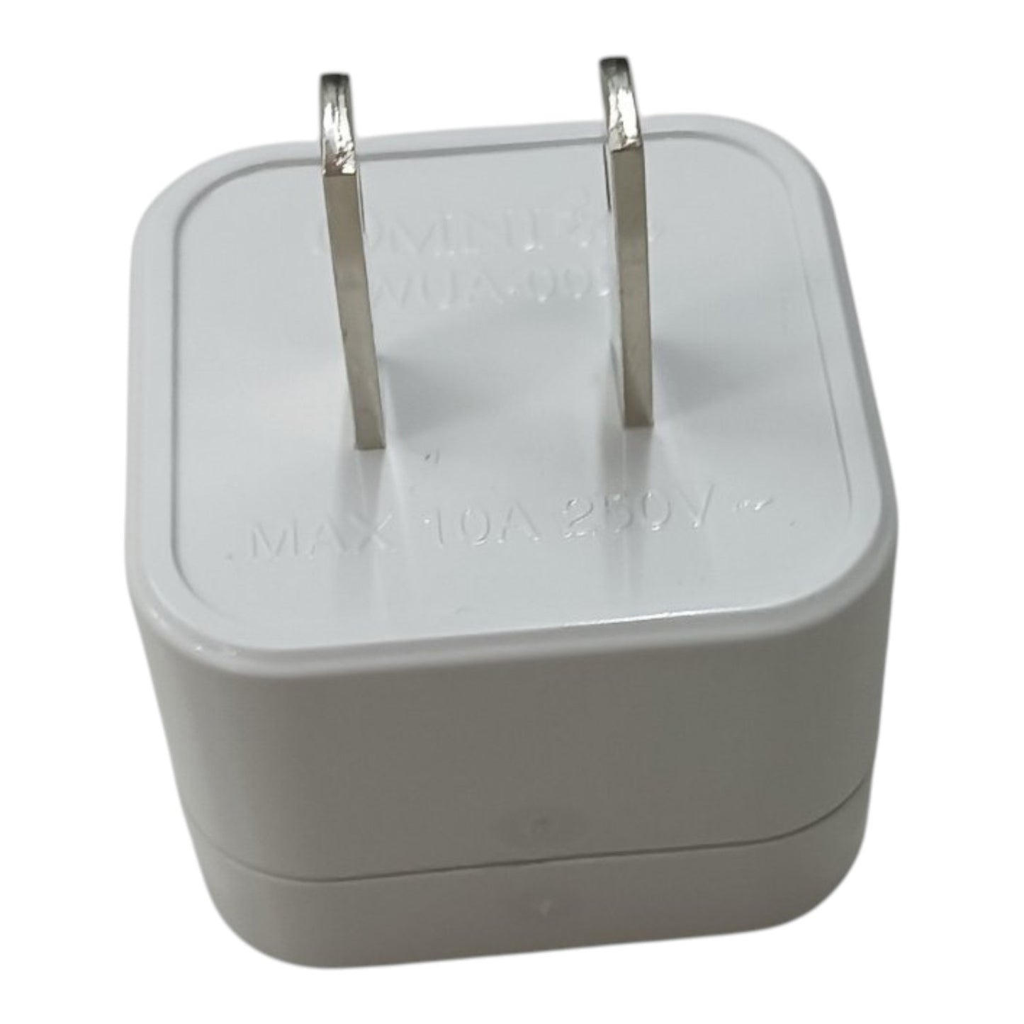 A white 2-pin wall charger plug with two flat metal prongs, shown on a plain white background. The top surface has embossed text indicating 'MINI WALL CHARGER' and 'MAX 10A 250V'.