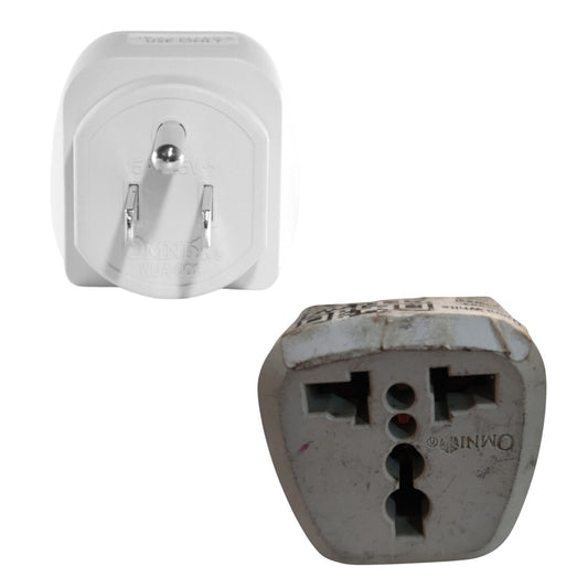 Two views of an Owen electrical wall plug adapter on a white background, showing the white three-pin plug on the top and the gray three-prong socket on the bottom.