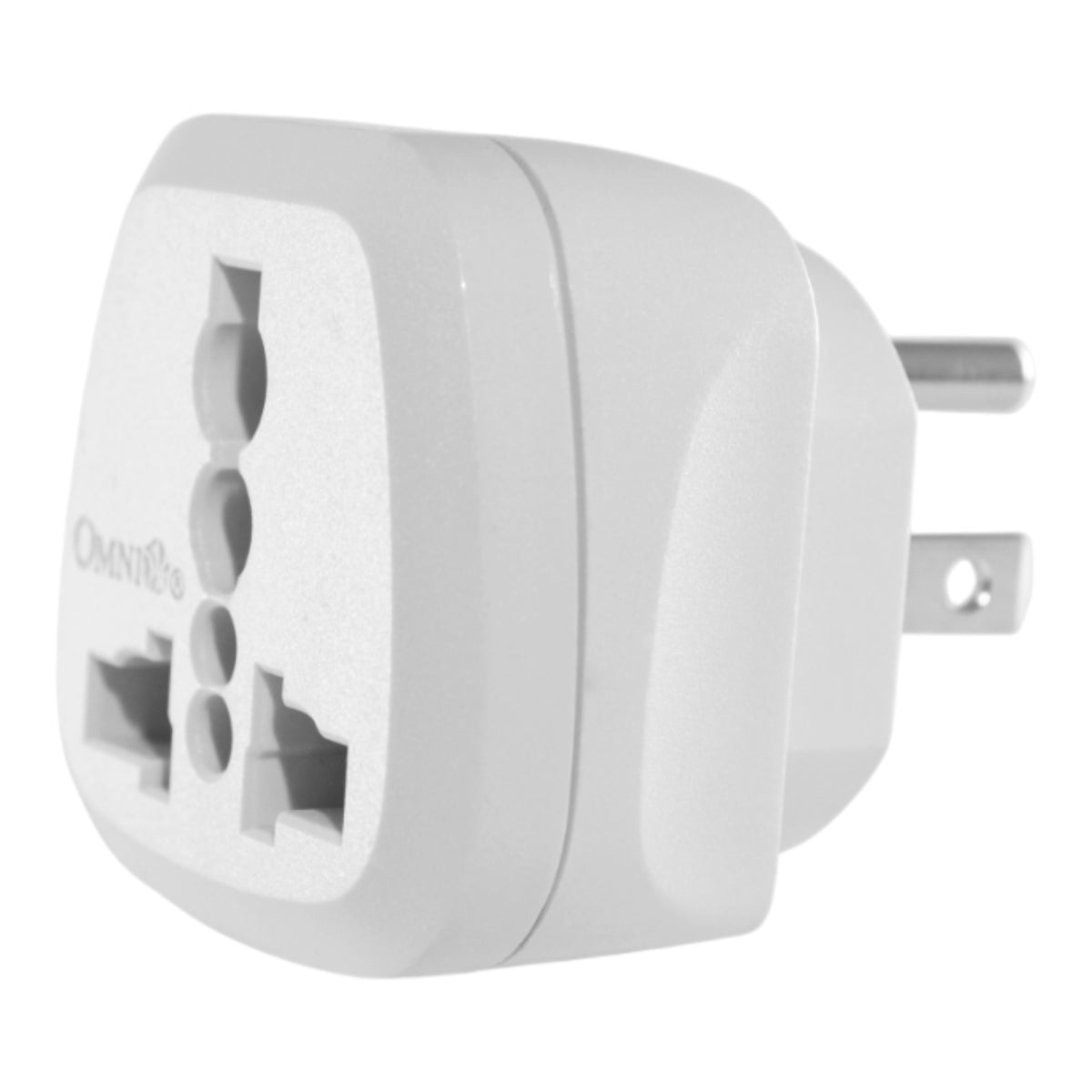 A white Omnilife UK wall plug adapter with a three-pin British standard socket face and a two-pin US plug inserted on the side, shown against a plain white background.