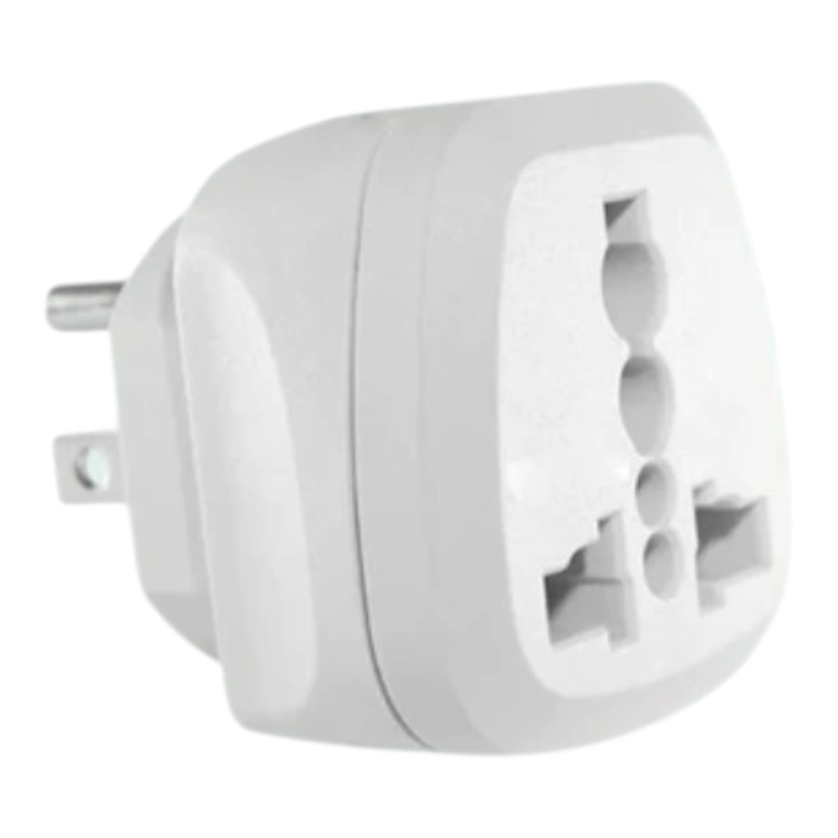 A white plastic UK three-pin wall plug adapter with a two-pin European plug on one end and a three-pin UK socket on the other, shown on a plain white background.